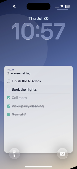 iPhone Lock Screen showing a Daylist to-do list wallpaper with 2 tasks remaining and three completed tasks struck through
