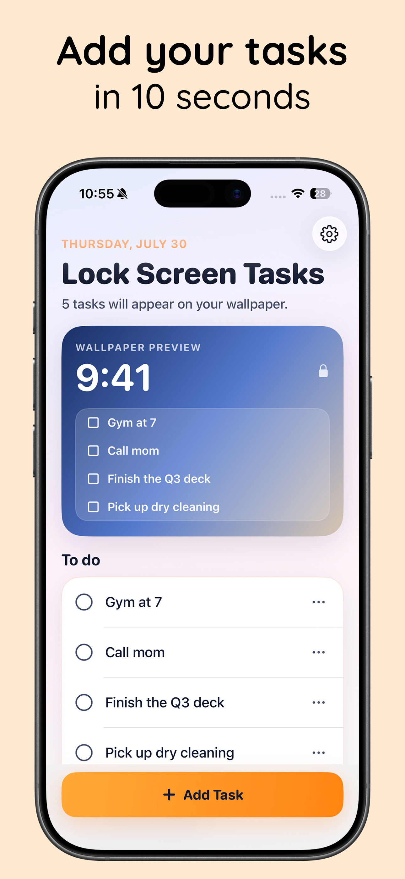 Daylist app screen showing a wallpaper preview and to-do list, add your tasks in 10 seconds