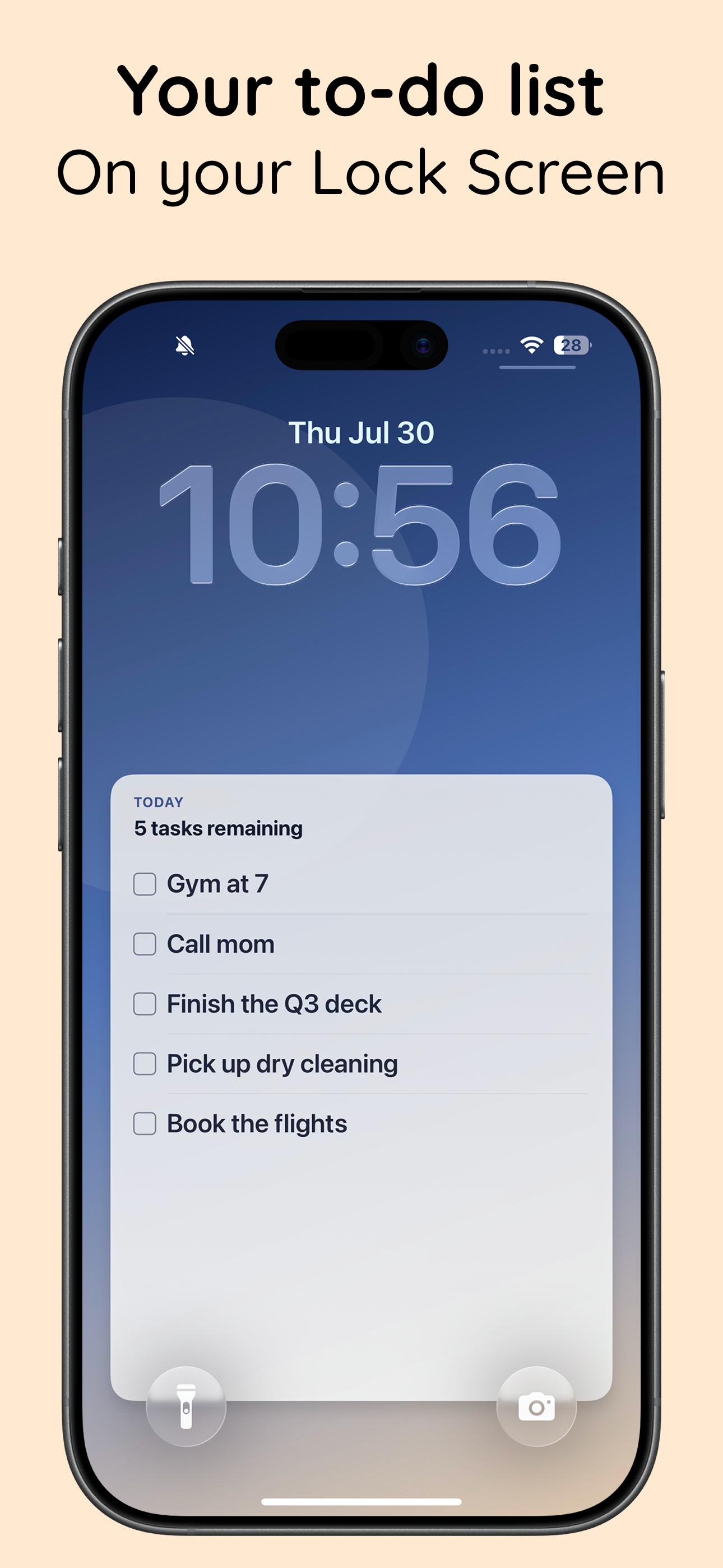 iPhone Lock Screen with a Daylist to-do list wallpaper showing 5 tasks remaining