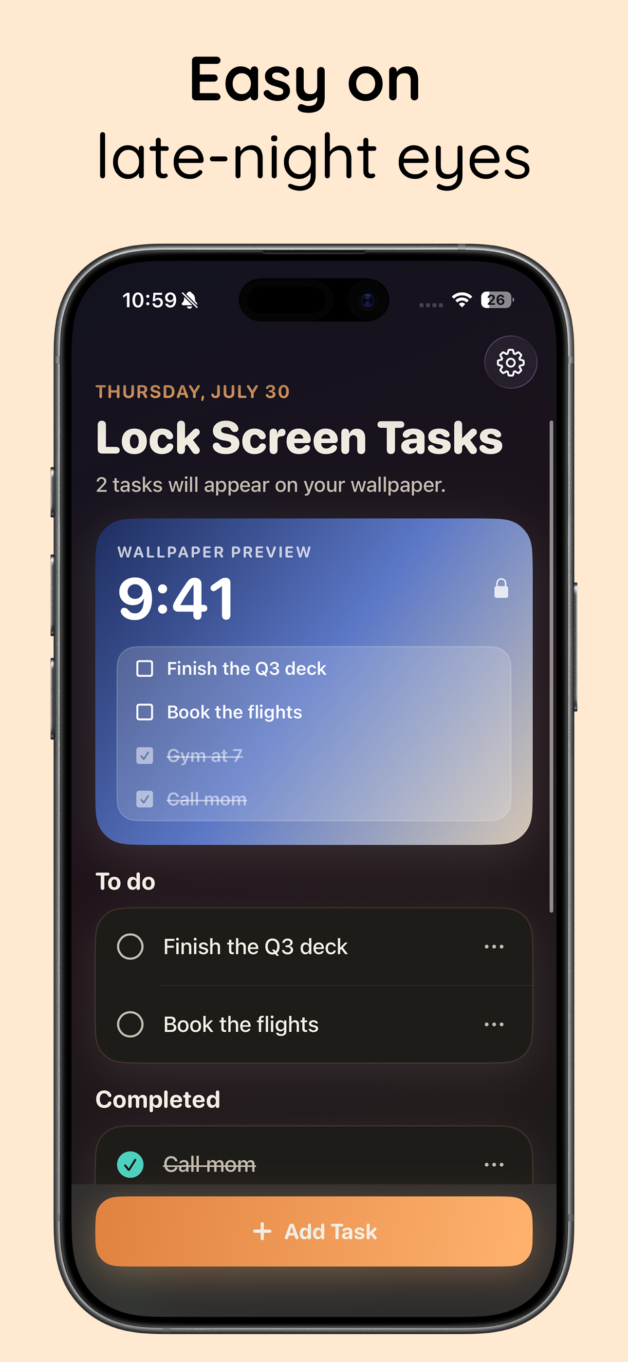 Daylist Lock Screen wallpaper in dark mode, easy on late-night eyes